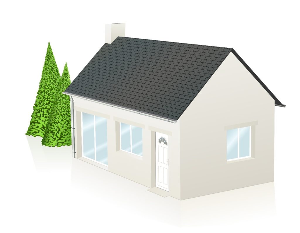 Ilustrace domu s plechovou střechou a dvěma stromy